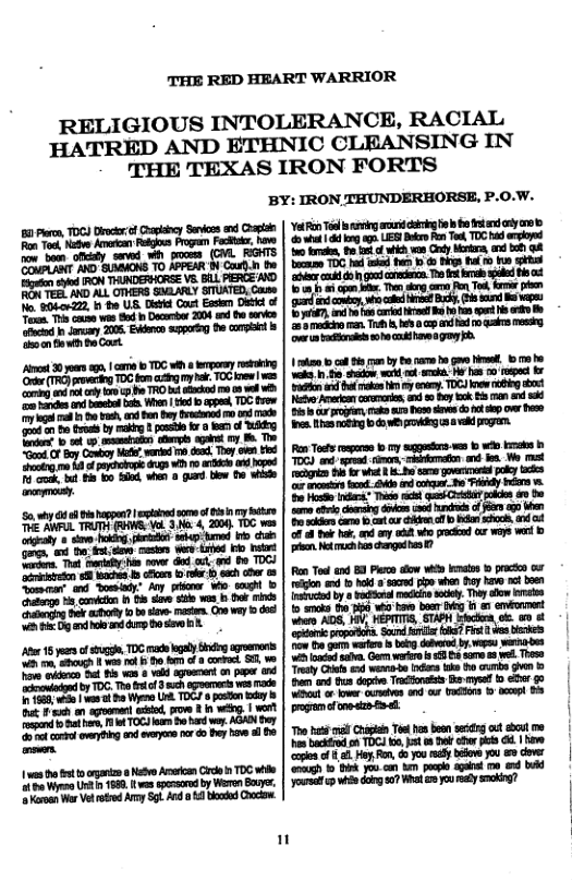 THE RED HEART WARRIOR  RELIGIOUS INTOLERANCE, RACIAL HATRED AND ETHNIC CLEANSING IN THE TEXAS IRON FORTS  BY: IRON. THUNDERHORSE, P.0.W.  Yot Fon e i rming s csing e b o ety e © o e LD e T T e, e Gty M, 2008 Vo TGt @ s 0 b i i i T b = e s B s £ vt o o  madkio man. T i, et 0 c2p and hd 10 quaks messiy. ety  k0 col s by i gt 0170 ok, .6 s ot sk s 0 gt Vit e bty oy, TOCbw g ot  il cor rga, ke s s s ot sk O e s s g b o B g s ek g,  Fon Tets oo sy g ven b wto kst b 0C) e sred - o, W st st r vt R . o gl puky e (o s o 40 rd oo iy ners . s it Thto e g Gt ks o b o o s vk e s o 5 850 Wen ek b cnt i it b bk s, - o o ek bk d ry 082 who racknd o woys et & . Nt s chenget s 7  R Too and B3 Picn low i ks b prck eigion nd o bk 8 s o when hy bave 1 bon  o by s b i . Ty s s o VT, S S . 428 vl epdori proporca. Soind i blkes o o g vt & i e b s v 1 s v G Then Ty G 2w s e b s e 2 et s s TSt Byt o ¢ 2 o vt s o 0 v et ot oo o  O Tepnd b hthr, 8 TOCI B b way. AGRD oy  o vt and vy or G0 oy b | Tho s i Chiis Te hin boon it ot st e s bk o TOCA o, 1 Dok clhr gl . | v o ou e vt s ho ot 10 ot Nevo v Cirdo b TOC Wil gt mo 8 bkl 5 Wy Ut 168, v spsord by Weron Boer, oy kg’  Koo War Ve rtrd Ay St And 1 b Cucow. 